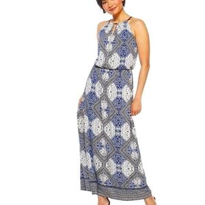 London Times Elegant Navy & White Print Maxi-Dress, Spaghetti Straps, Size 14